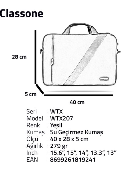 WTX207 Wtxpro Serisi Su Geçirmez Kumaş 15.6 Inch Uyumlu Macbook, Laptop , Notebook El Çantası- Yeşil