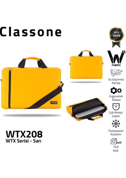 WTX208 Wtxpro  Serisi  Su Geçirmez Kumaş 15.6 Inch Uyumlu Macbook, Laptop , Notebook  El Çantası- Sarı