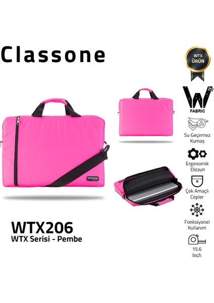 WTX206 Wtxpro  Serisi 15.6 Inch Uyumlu Su Geçirmez Kumaş Macbook, Laptop , Notebook Sırt Çantası- Pembe