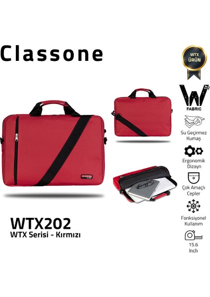 WTX202 Wtxpro Serisi 15.6 Inch Uyumlu Su Geçirmez Kumaş Macbook, Laptop , Notebook El Çantası- Kırmızı