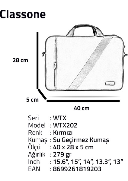 WTX202 Wtxpro Serisi 15.6 Inch Uyumlu Su Geçirmez Kumaş Macbook, Laptop , Notebook El Çantası- Kırmızı
