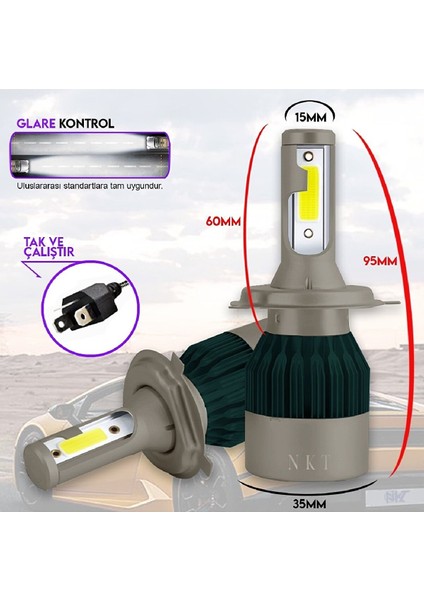 Vw Transporter T4 T5 T6 T7 H4 Uzun Kısa Nkt LED Şimşek Etkili Beyaz