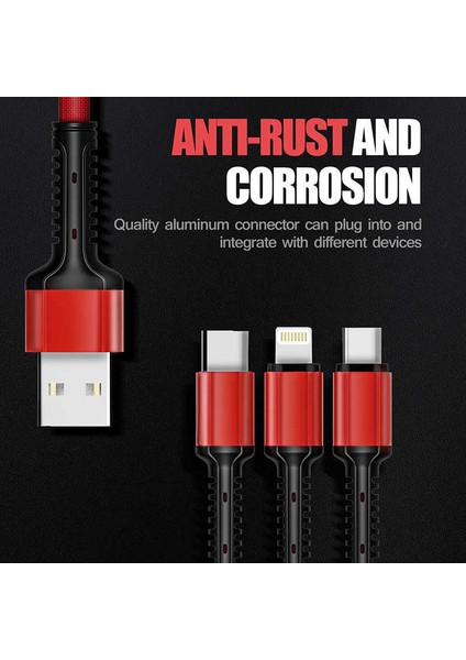 3 In 1 Şarj Kablosu Hasır 1.2 Metre Hasır Kablo Hızlı Şarj Kablosu Iphone ve Tüm Cihazlar Ile Uyumlu