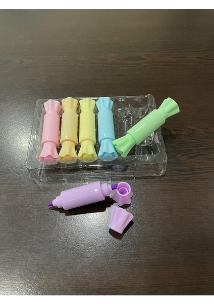 6 Renk Şeker Figürlü Çift Uçlu Mini Fosforlu Kalem Seti