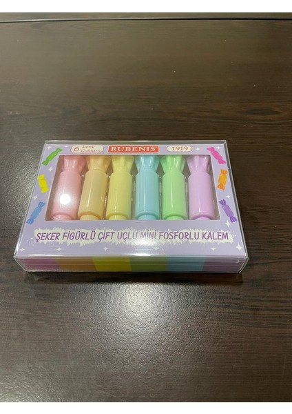 6 Renk Şeker Figürlü Çift Uçlu Mini Fosforlu Kalem Seti