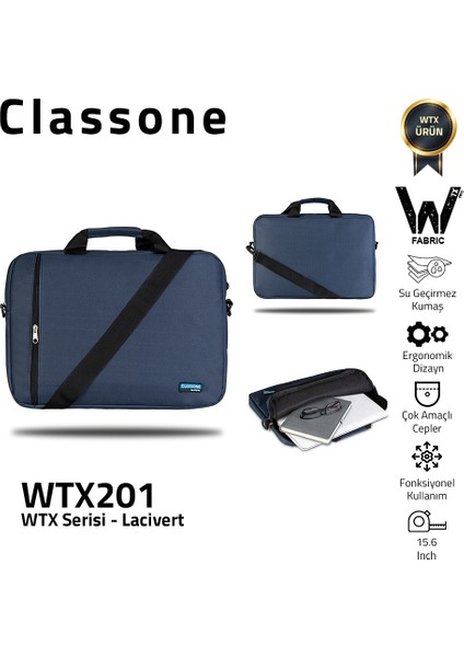 WTX201 Wtxpro  Serisi 15.6 Inch Uyumlu Su Geçirmez Kumaş Macbook, Laptop , Notebook El Çantası- Lacivert