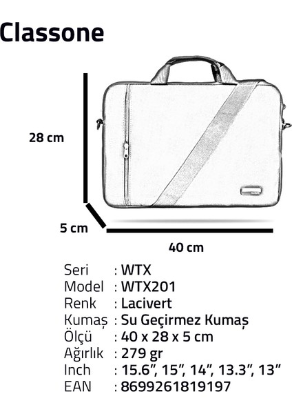 WTX201 Wtxpro  Serisi 15.6 Inch Uyumlu Su Geçirmez Kumaş Macbook, Laptop , Notebook El Çantası- Lacivert