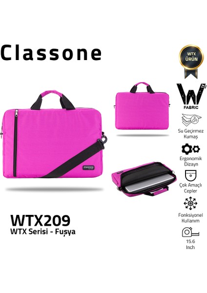 WTX209 Wtxpro  Serisi  Su Geçirmez Kumaş 15.6 Inch Uyumlu Macbook, Laptop , Notebook  El Çantası- Fuşya