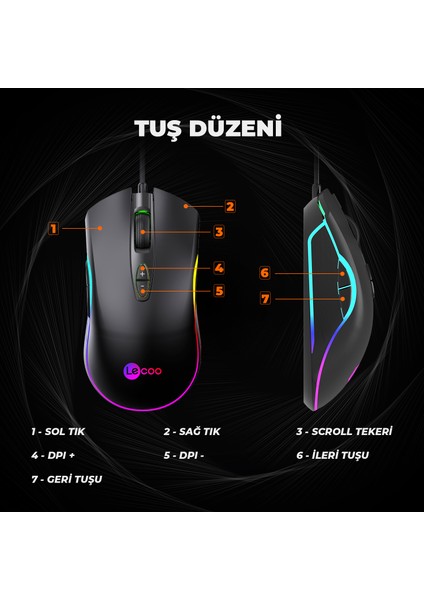 Lenovo Lecoo MS108 Kablolu RGB LED Aydınlatmalı 6400DPI 7 Tuşlu Gaming Mouse Siyah