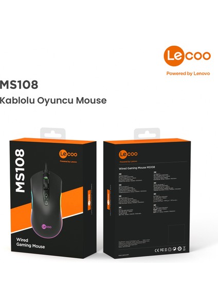 Lenovo Lecoo MS108 Kablolu RGB LED Aydınlatmalı 6400DPI 7 Tuşlu Gaming Mouse Siyah