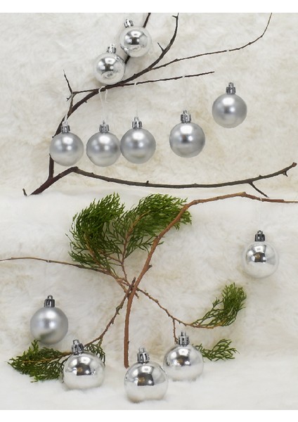 4 cm 12LI Gümüş Cici Top (6 Parlak-6 Metalize) Yılbaşı Ağacı Süs