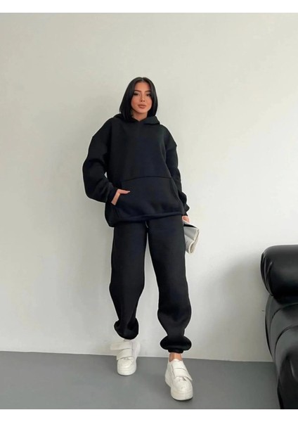 Limited Edition Premium Siyah 2'li Takım Oversize Kışlık Sweatshirt-Eşofman Altı Takım