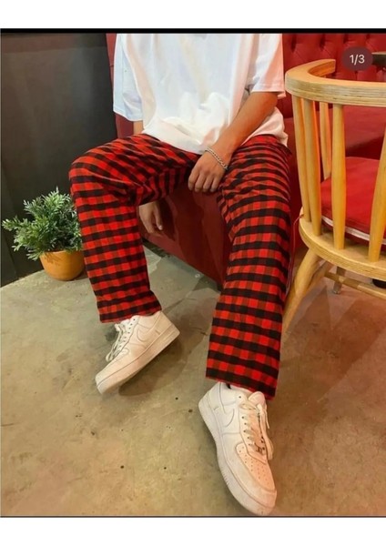 Harajuku Kare Ekose Desenli Kırmızı Rahat Kesim Pijama Eşofman Altı fiyatları