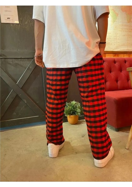 Harajuku Kare Ekose Desenli Kırmızı Rahat Kesim Pijama Eşofman Altı modelleri