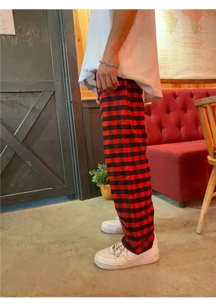 Harajuku Kare Ekose Desenli Kırmızı Rahat Kesim Pijama Eşofman Altı fırsatları