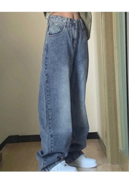 Y2K Baggy Mavi Yıkamalı Renk Desenli Geniş Paça Jean Pantolon