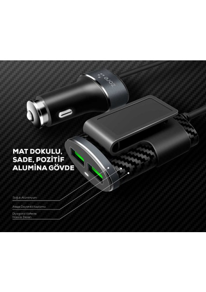 Araç Şarj Adaptörü 2+2 USB Çıkışlı Ön ve Arka Koltuk Araç Şarj Seti (1.2 Metre) Hızlı Şarj Destekli