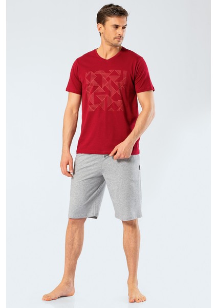 2199 Erkek Baskılı V Yaka Bermuda Şort Pijama Takım - Bordo modelleri