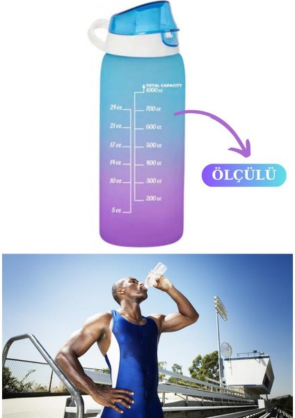 1 Litre Çift Renk Suluk, Okul ve Sporcu Matarası, Motivasyonel Su Şişesi 1000ML Mavi
