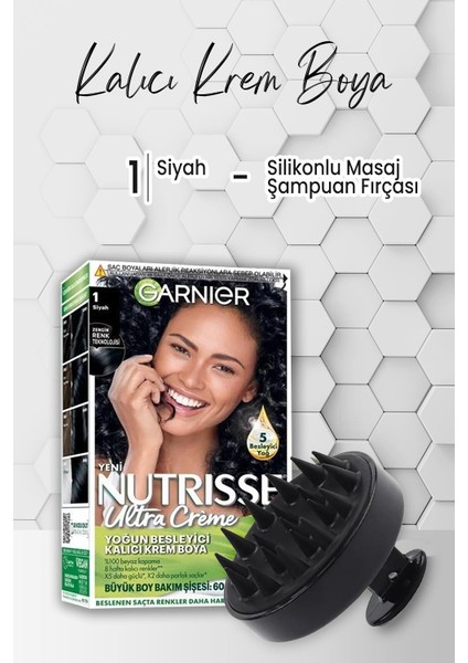 Garnier Nutrisse Krem Saç Boyası 1 Siyah Ve Masaj Şampuan Fırçası Siyah