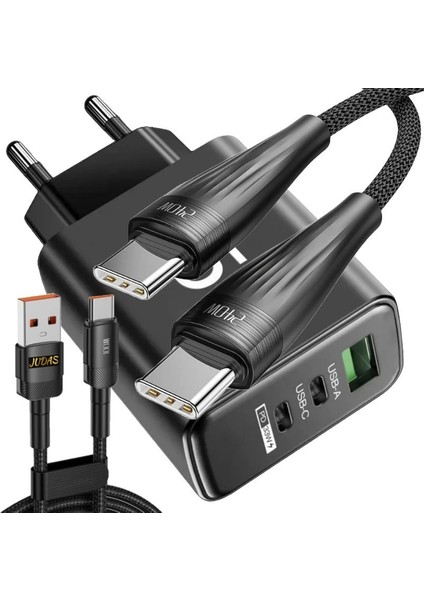 C2 Gan 65W Usb-A/usb-C/pd Hızlı Şarj Adaptör + C10 Type-C To Type-C 6A/240W/480MBPS + J6 Usb-A To Type-C 7A/100W/480MBPS Şarj ve Data Kablosu -2mt