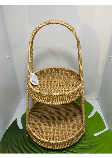 Perotti 2 Katlı Rattan Sunum Tepsisi Yuvarlak
