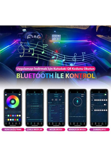 Araç Içi Atmosfer Ambiyans LED Neon Rgb App Kontrollü 18 Parça