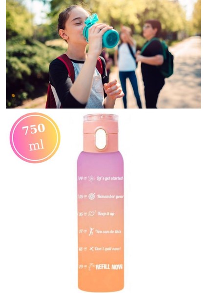Çift Renk Düğmeli Tüp Suluk, Okul ve Sporcu Matarası, Motivasyonel Su Şişesi 750ML Turuncu