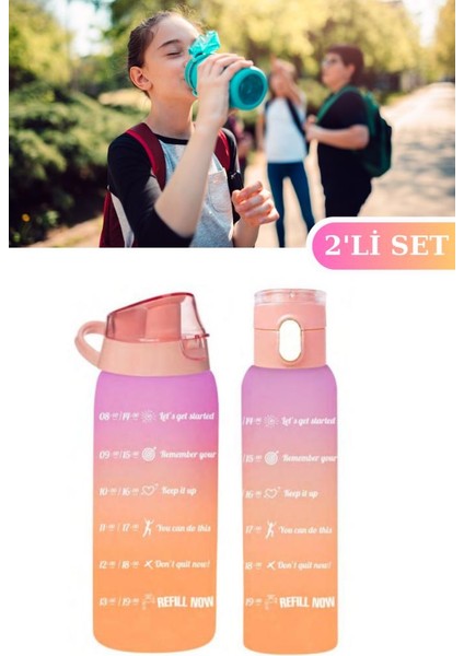 Okul ve Sporcu Matarası Suluk, Motivasyonel Su Şişesi 2’li Set Turuncu (1000ML+750 Ml)