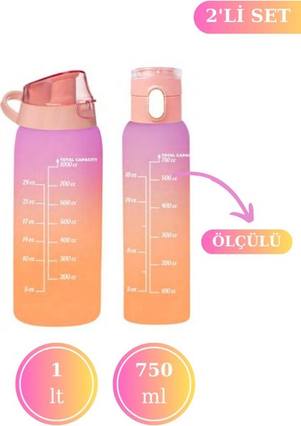 Okul ve Sporcu Matarası Suluk, Motivasyonel Su Şişesi 2’li Set Turuncu (1000ML+750 Ml)