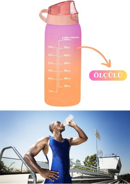 Okul ve Sporcu Matarası Suluk, Motivasyonel Su Şişesi 2’li Set Turuncu (1000ML+750 Ml)