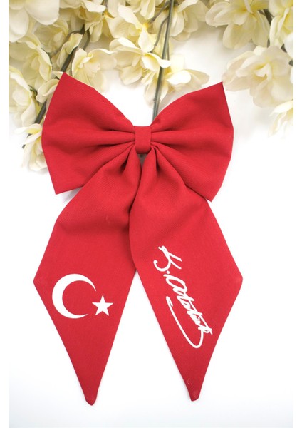 Türk Bayrağı ve Atatürk Imza Motifli Kırmızı Renk Kız Çocuk Fiyonk Tokası - 23NİSAN'A Özel- Kutulu