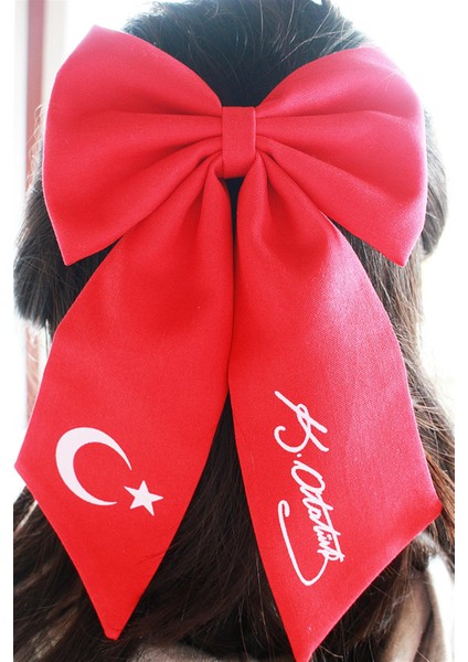 Türk Bayrağı ve Atatürk Imza Motifli Kırmızı Renk Kız Çocuk Fiyonk Tokası - 23NİSAN'A Özel- Kutulu