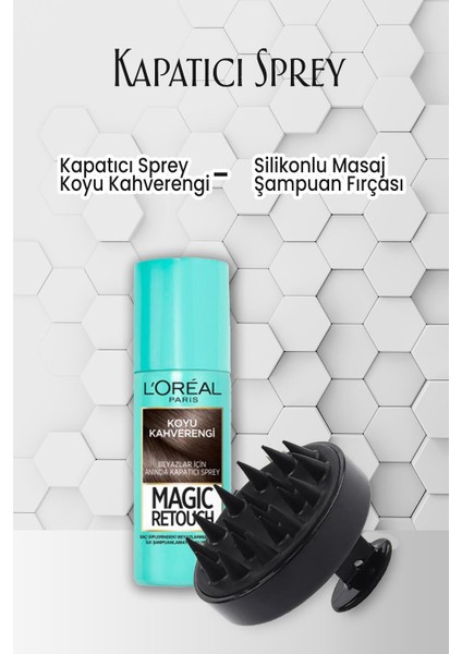 Loreal Paris Kapatıcı Sprey Koyu Kahverengi 75 ml ve Masaj Şampuan Fırçası Siyah