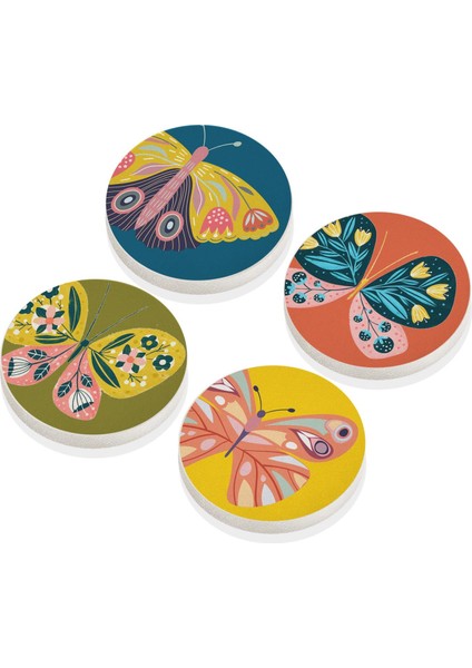 Butterfly Taş Bardak Altlığı Yuvarlak 4lü Set