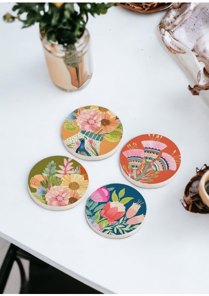 Butterfly Taş Bardak Altlığı Yuvarlak 4lü Set