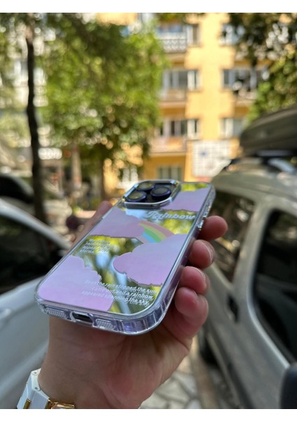 iPhone 12 Pro Uyumlu Kılıf Hologramlı Colorful Rainbow Renkli Gökkuşağı Bulut 3D Grafiti Desen Figür