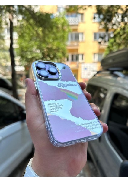 iPhone 12 Pro Uyumlu Kılıf Hologramlı Colorful Rainbow Renkli Gökkuşağı Bulut 3D Grafiti Desen Figür