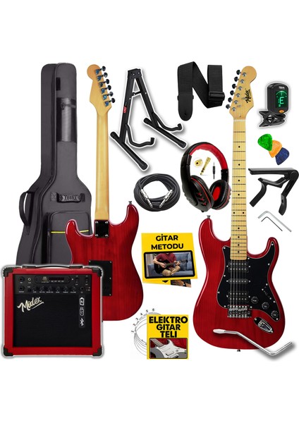 RPH-40RD-25AMP 25W Şarjlı Bt Amfili Elektro Gitar Seti Hsh Manyetik Maple Klavye