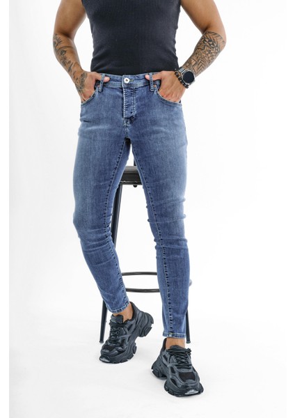 Erkek Narrow Skinny Jean Yıkamalı Mavi