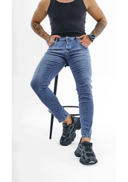 Erkek Narrow Skinny Jean Yıkamalı Mavi