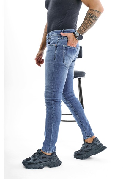 Erkek Narrow Skinny Jean Yıkamalı Mavi