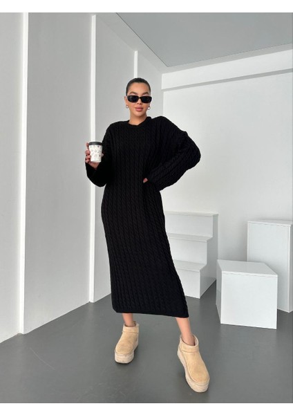 Siyah Bisiklet Yaka Örgü Desen Uzun Triko Elbise fiyatları