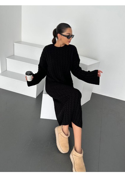 Siyah Bisiklet Yaka Örgü Desen Uzun Triko Elbise modelleri