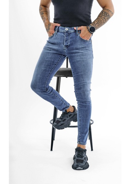 Erkek Narrow Skinny Jean Yıkamalı Mavi