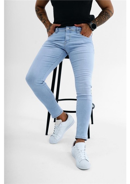 Erkek Düz Yıkamalı Skinny Jean Açık Mavi