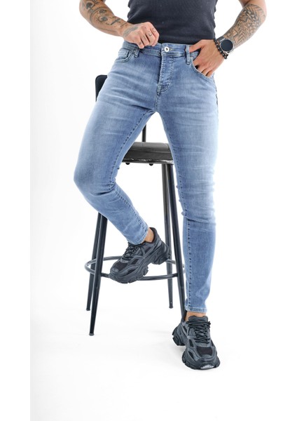 Erkek Basic Skinny Jean Yıkamalı Mavi