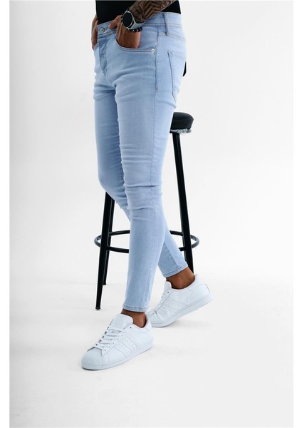 Erkek Düz Yıkamalı Skinny Jean Açık Mavi