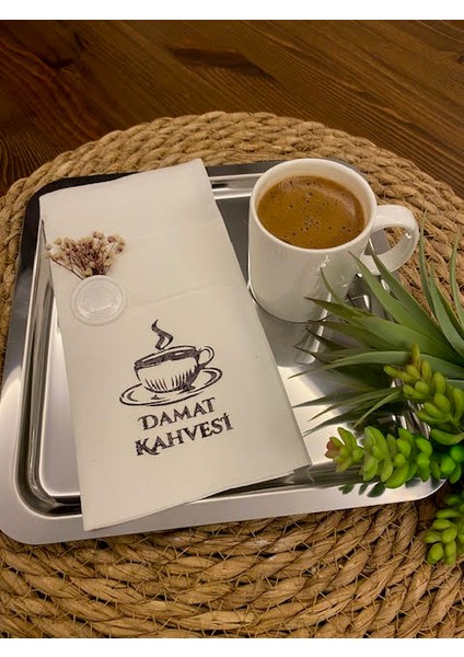 Siyah Yaldızlı Beyaz Mühürlü Çiçekli Damat Kahvesi Cepli Peçete