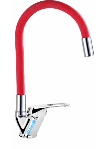 Kırmızı Spiral Oynar Borulu Mutfak Eviye Bataryası Çeşmesi Musluğu Çift Su Girişli